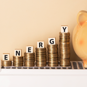 Stacks of coins next to piggy bank illustrate saved heating costs.