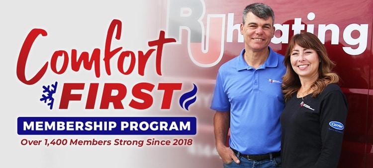 Comfort First Membership Logo Comfort First Membership logo overlays the image of RJ owners Julius and Erin.